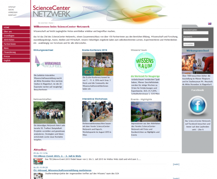Website für den Verein Science Center Netzwerk